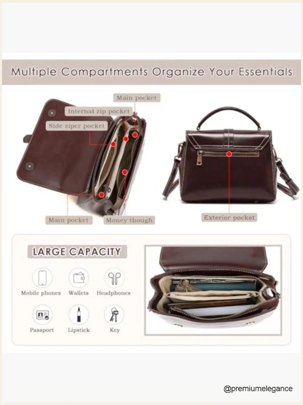 Genuine Leather Satchel Crossbody Bag with 2 Straps & 6 Pockets